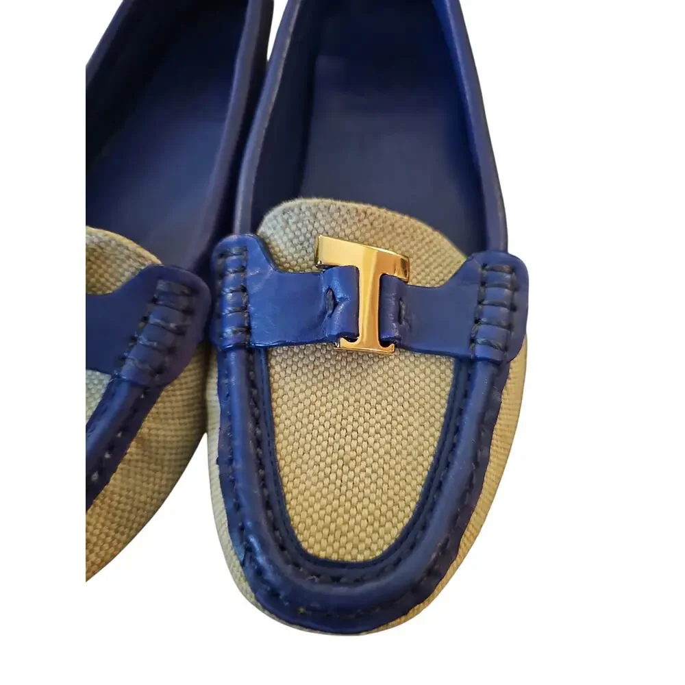 Tory Burch natural tan driving loafer with royal blue and gold logo T sz 8.5 SH2